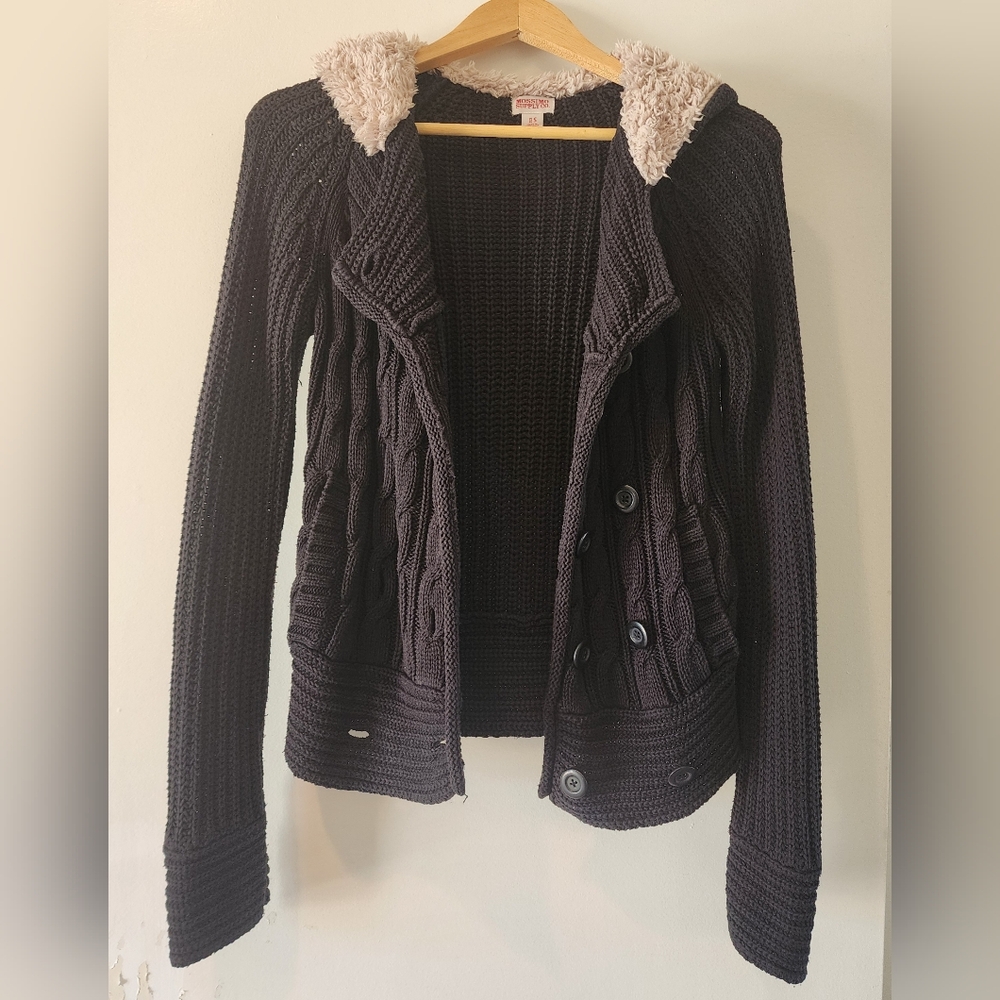 Mosimo Chunky Cable Knit Black Sweater With Tan Fau Fur Hood Size S